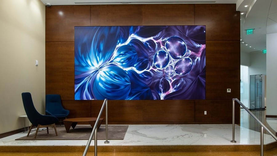 Sony video wall displayed in a bright, modern lobby.  