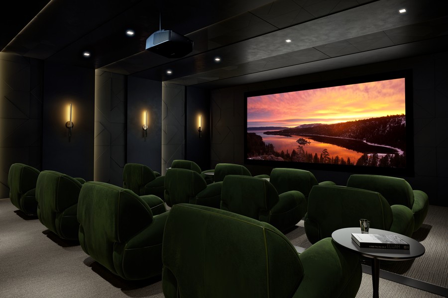 A luxury home theater with a professional lighting design. 