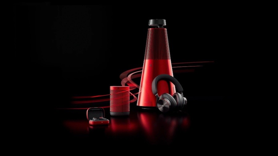 The Ferrari Collection of red Bang and Olufsen speakers.