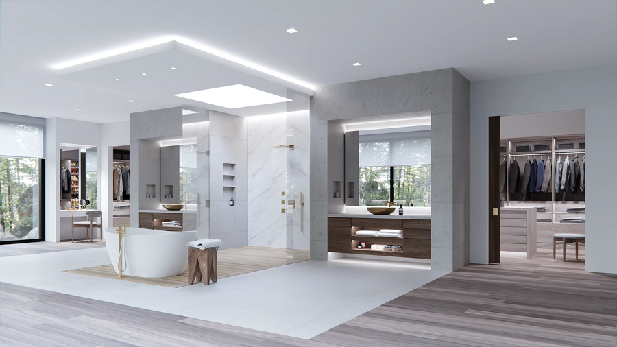 A modern bathroom and walk-in closet with Lutron LED recessed lighting and tape lighting.