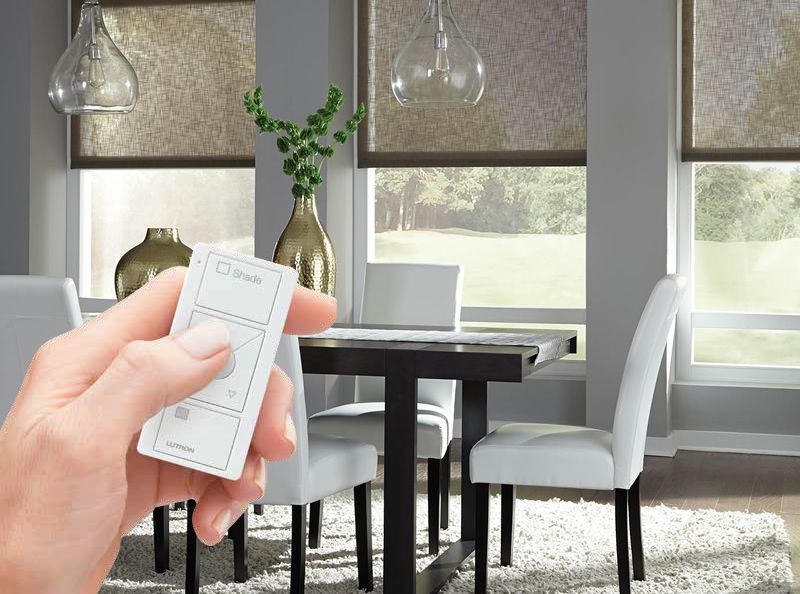 Woman holding a Lutron remote that controls shading