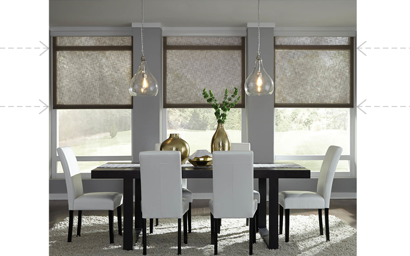 Lutron Dining Room with white chairs and dark wood table, shades are halfway closed